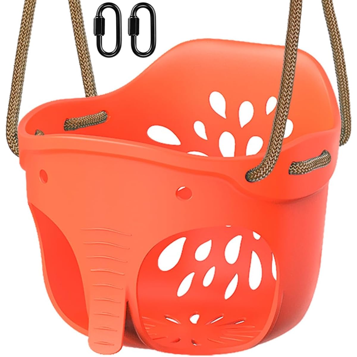 SELEWARE Cute High Back Full Bucket Toddler Swing Seat with Adjustable Rope, Heavy Duty Playground Swing Set with 2 Carabiners, Elephant Design, 600 lb Capacity, Red