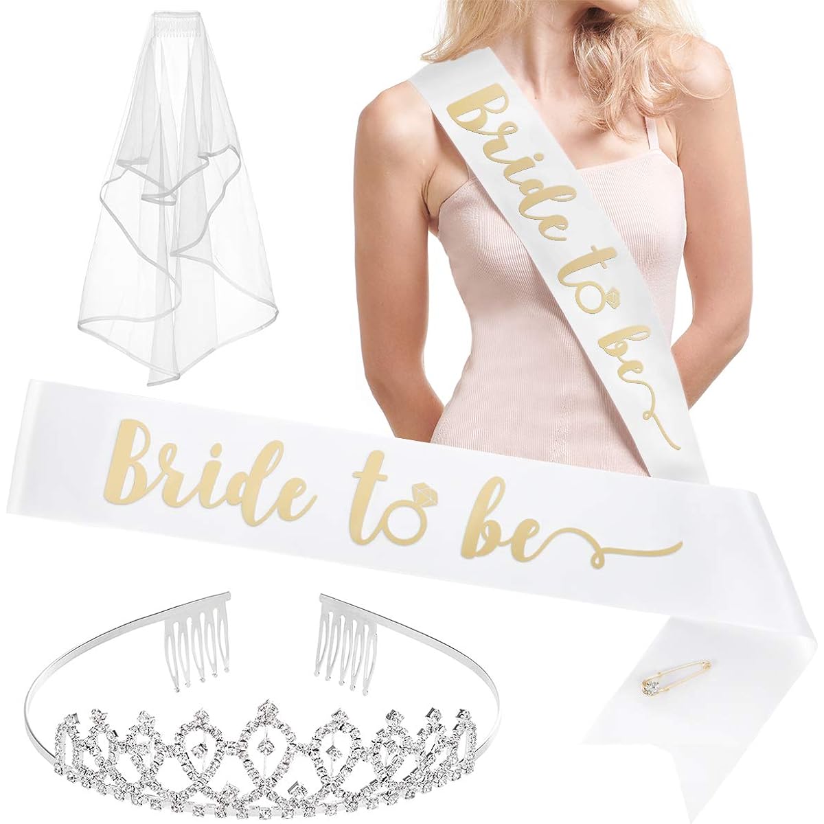 Bachelorette Party Decoration Kit Bride To Be Bridal Shower Supplies Bride Sash Rhinestone Tiara Gold & Silver Banner Veil Flash Tattoos for All Participants