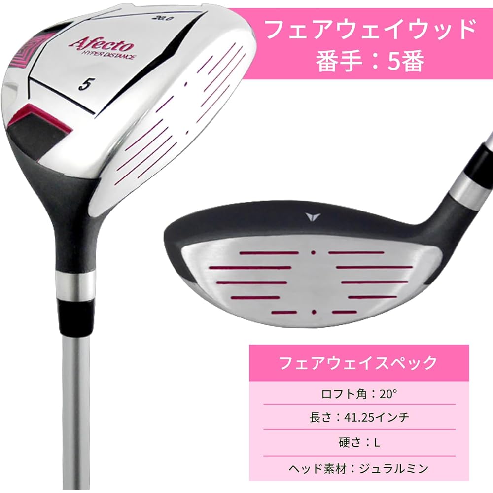Right-handed Afecto Women's Golf Club Set with Selectable Caddy Bag, 8 Piece Set (1W/5W/7U/7I/9I/PW/SW/Putter) L Shaft