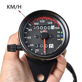 DKMOTORK 0021 KM/H 2.56" Diameter Mechanical Motorcycle Speedometer Dual Odometer with LED Backlight Neutral Headlight Turn Signal Indicator Stainless Steel 12V Black