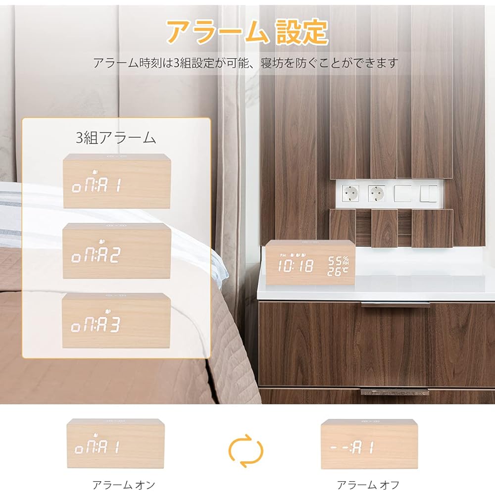Electime Alarm Clock, Alarm Speaker, Bluetooth 5.0, Wireless Charger, 3 Sets of Alarms, Wood Grain Table Clock, Digital, Tabletop, Humidity, Thermometer Function, Date Display, Memory Battery Included, Radio Law Compliant, Qi Certified (Natural)