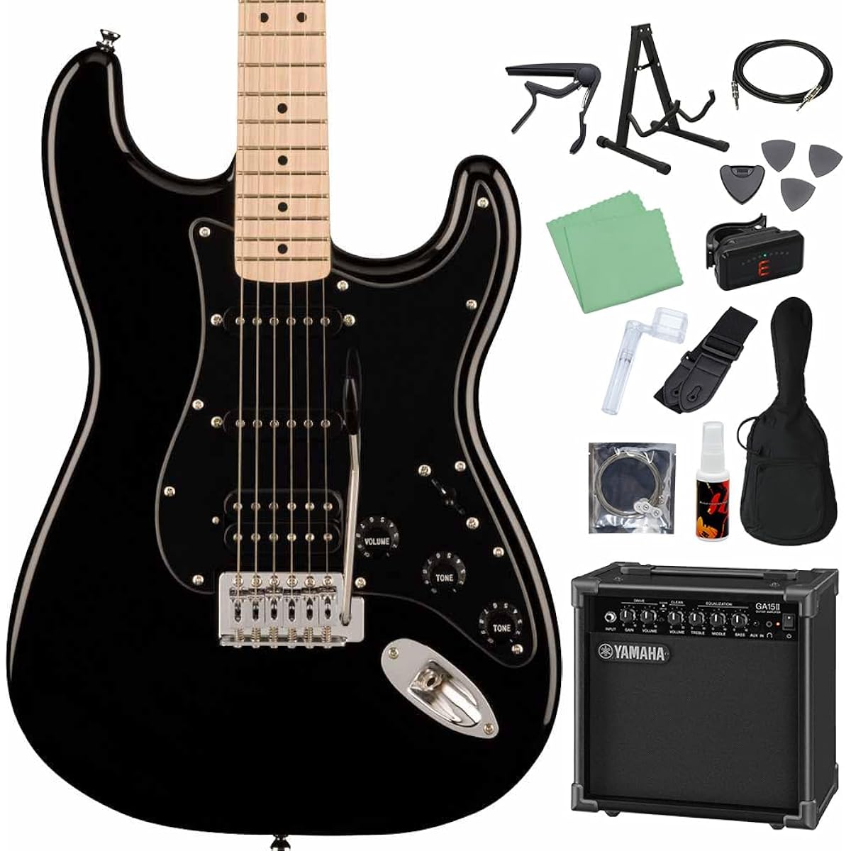 Squier by Fender SONIC STRATOCASTER HSS Black Electric Guitar Beginner 14-piece Set [Includes GA15II] Stratocaster Black Squier