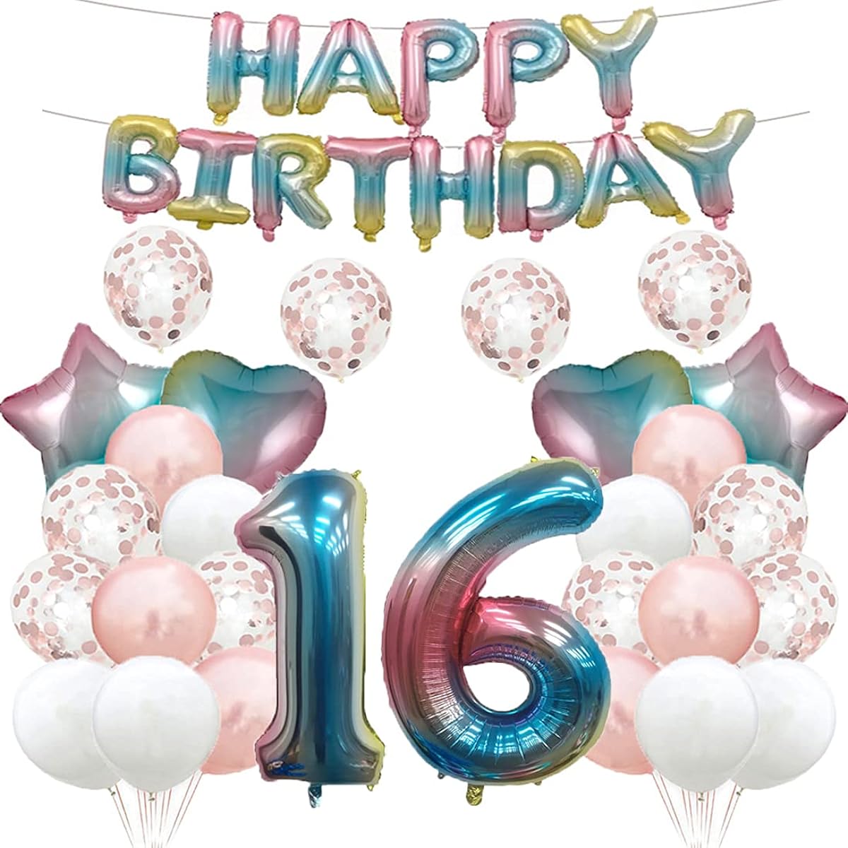 16th Birthday Balloons 16th Birthday Decorations Rainbow Balloons 16th Birthday Party Supplies Number 16 Foil Mylar Balloons Latex Balloons Gifts for Girls Boys Women Men