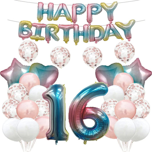 16th Birthday Balloons 16th Birthday Decorations Rainbow Balloons 16th Birthday Party Supplies Number 16 Foil Mylar Balloons Latex Balloons Gifts for Girls Boys Women Men