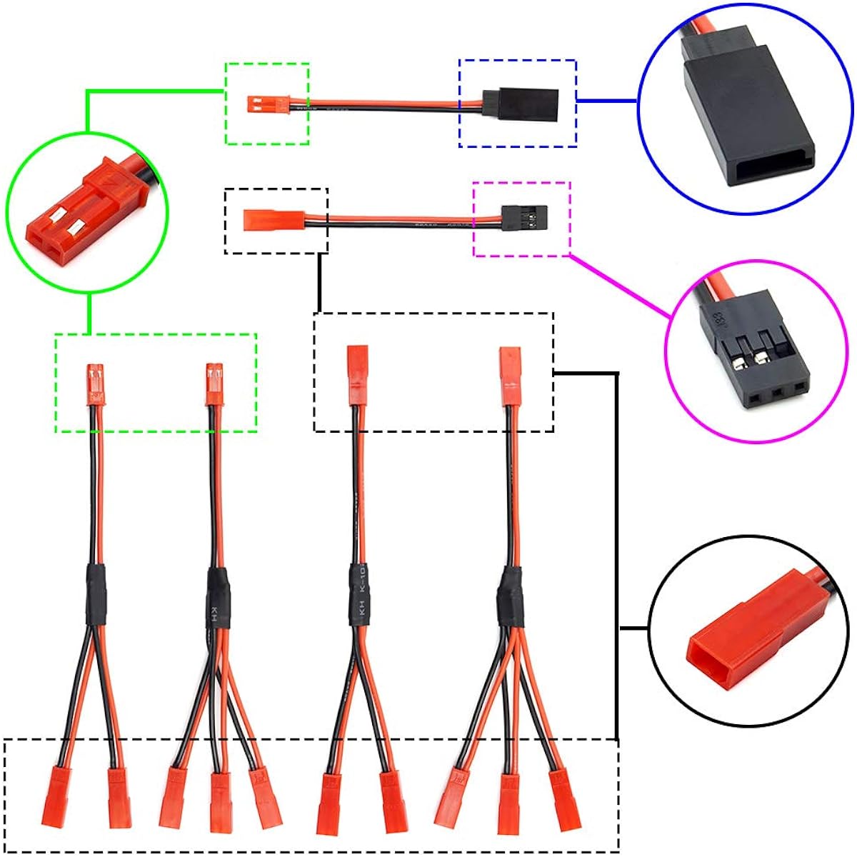 6pcs JST Plug Splitter JST Male Female Y Cable JST Y Parallel Adapter Harness JST to JR Adapter for Traxxas TRX-4 RC Car Crawler Truck Cooling Fan ESC Battery Motor