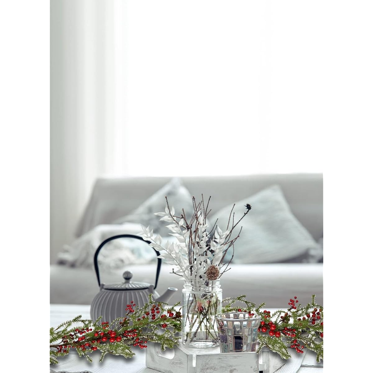 Serene Spaces Living Artificial Pine Garland with Red Berries & Mini Pine Cones, Christmas Garland with Holiday Greenery for Banister, Stairs, Fireplace, Mantle, Porch, 60" Long