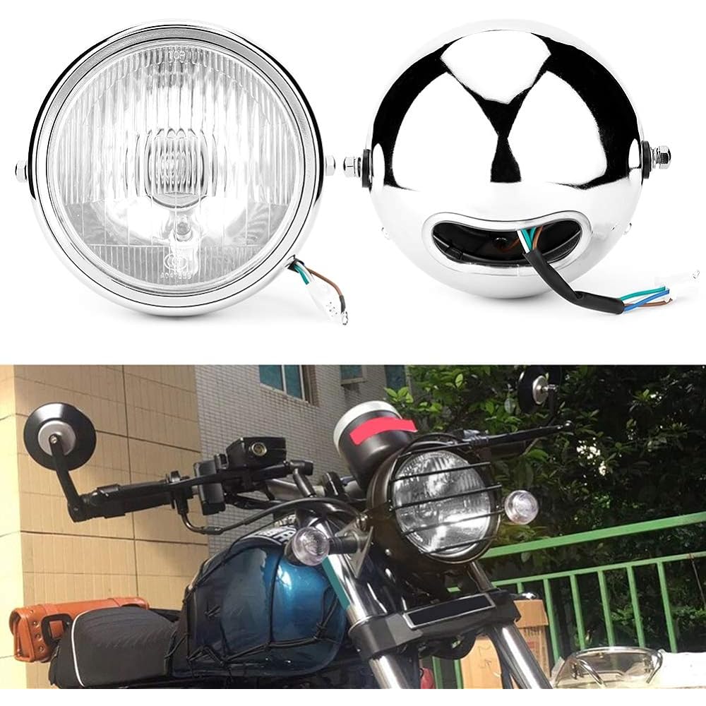 Qiilu phare moto rond, phare moto rond, motorcycle retro front headlight, universal motorcycle retro silver shell white lens headlamp front headlight for GN125