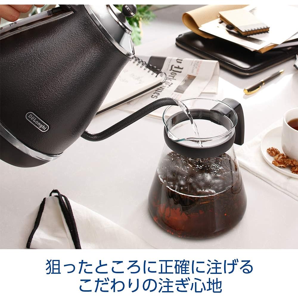 De'Longhi Electric Cafe Kettle Icona KBOE1230J-GY with Temperature Adjustment Function Stainless Steel Hand Drip 1.0L One-Push 5 Temperature Settings 20 Minute Warm Function Accurate Pour Comfort Easy to Read Water Meter [Prestige Gray] 3 Year Warranty w