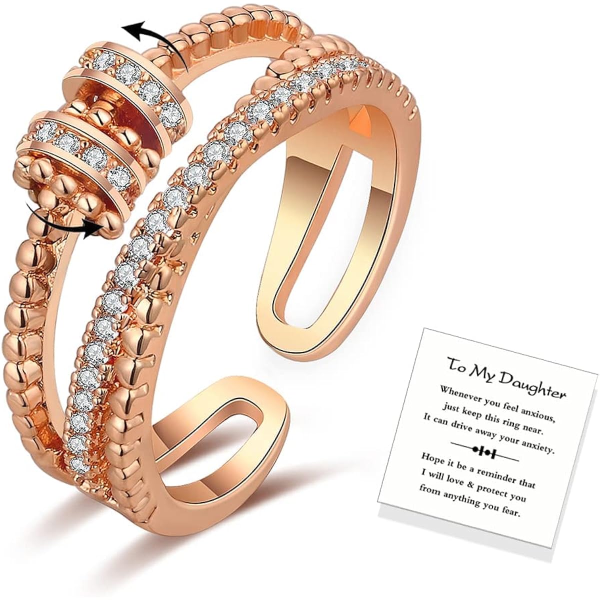 To My Daughter Fidget Ring Anxiety Relief for Women Teens Girls Adjustable Spinner Rotating Ring with Beads Mother Daughter Gift