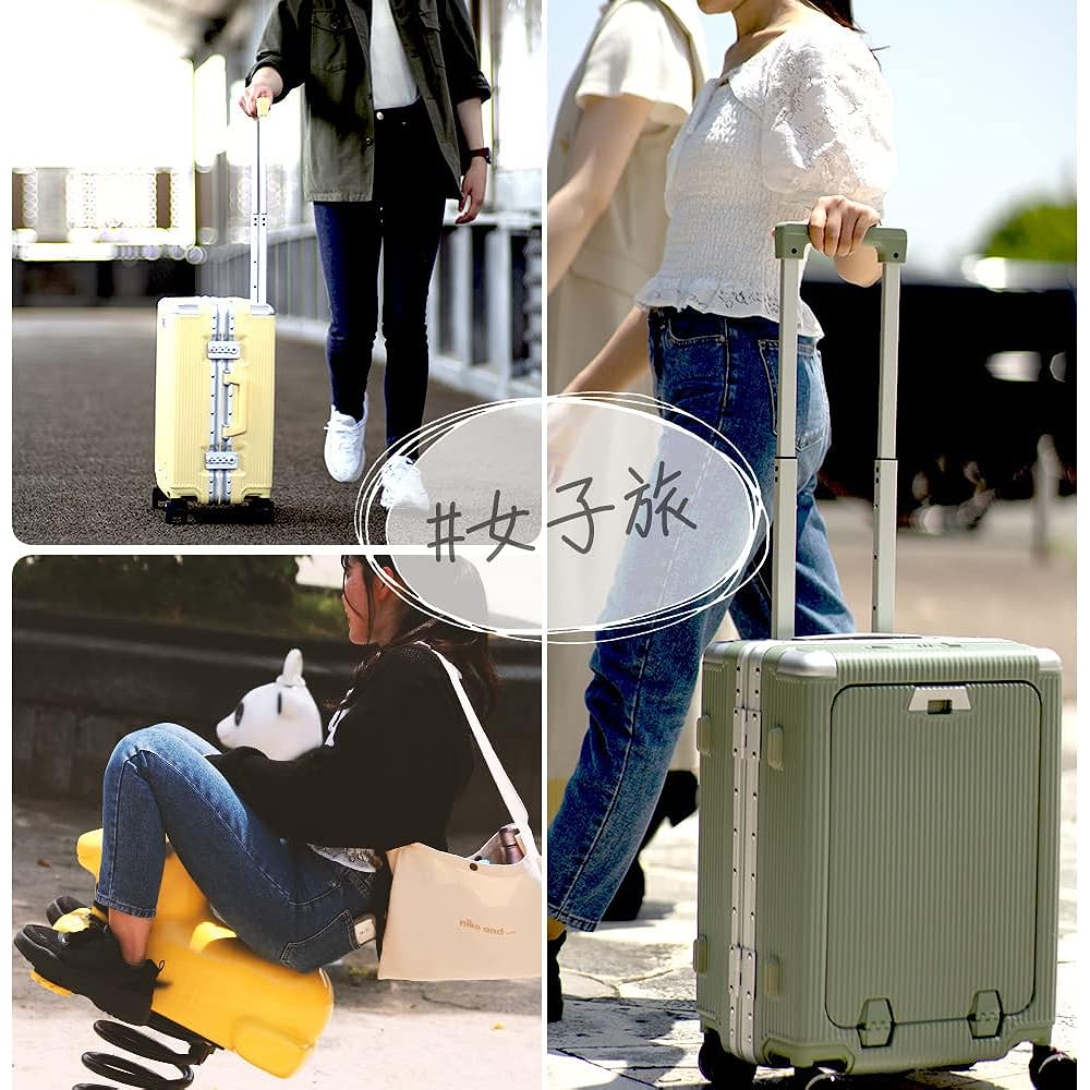[PROEVO] Suitcase Frame Carry Front Pocket Checked Baggage S M Quiet Double Casters 8 Wheels Large Capacity Lightweight Aluminum Frame TSA Lock Carry Case Carry Bag (Margarine Yellow/M)