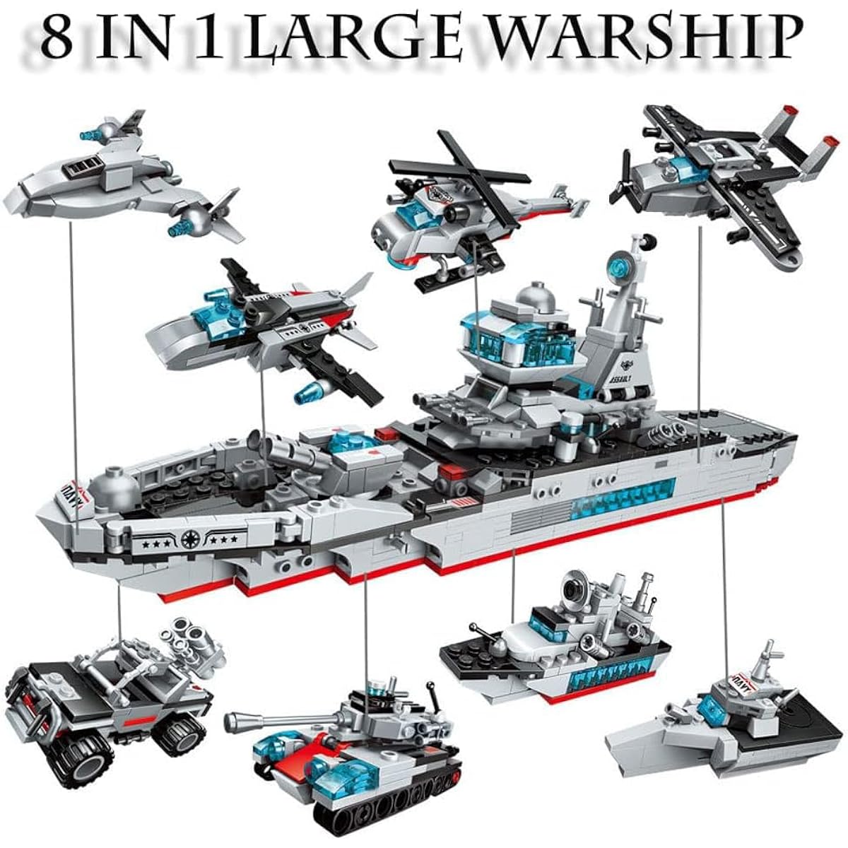ENHANA 700 Pieces Aircraft Carrier Building Blocks Set, 8 in 1 Military Battleship Construction Toys, 17 Styles Army Vehicles, Helicopter, Plane, Warship, Birthday Gift for Boys