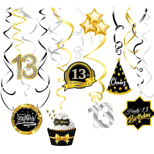 13 Birthday Decorations, Ceiling Hanging Swirls for 13th Birthday Party, Silver, Black and Gold Foil Swirl Streamers, Birthday Party Supplies