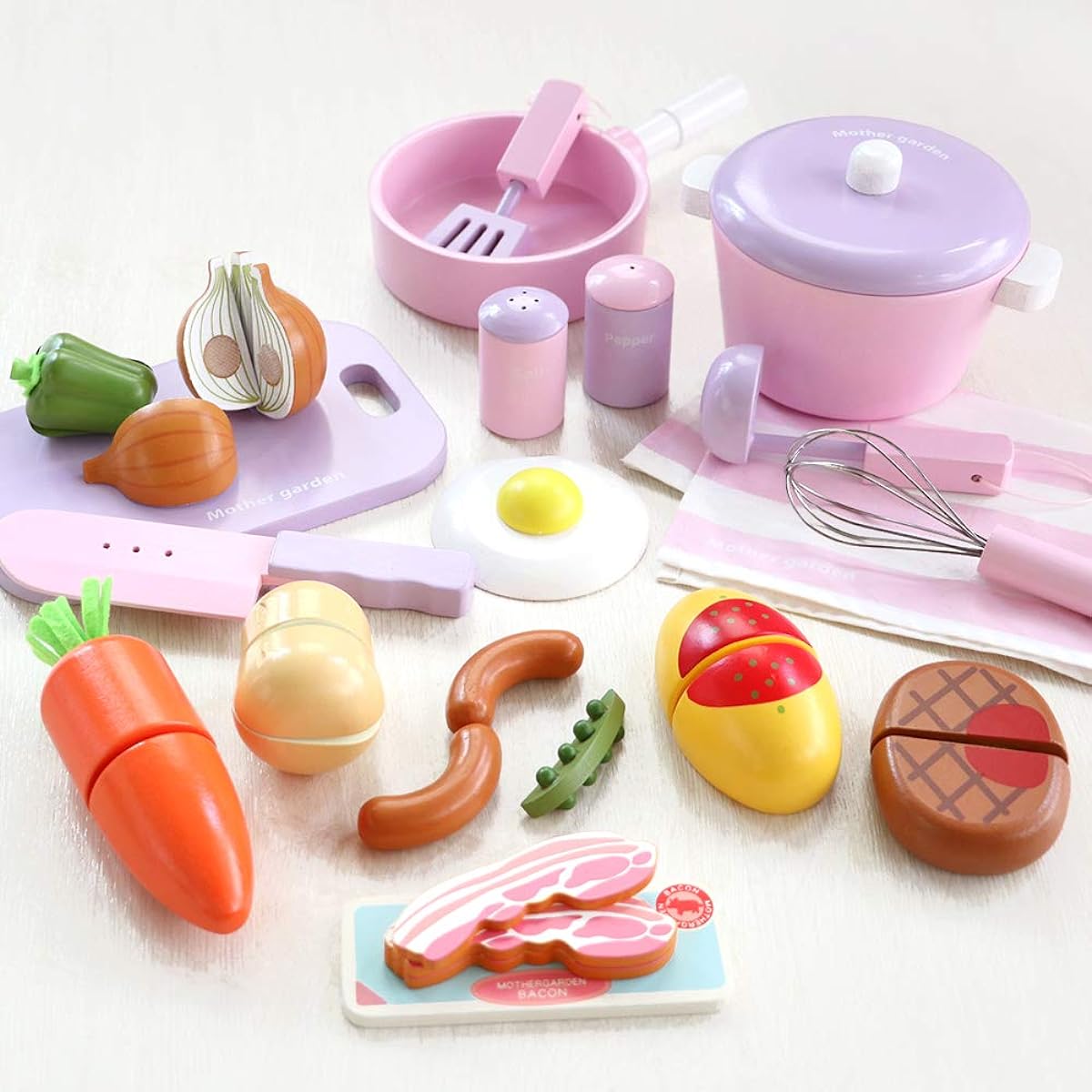 Mother Garden Pretend Play Wooden Simple Kitchen Tools + Ingredients [Toy Cooking Utensils 10 Pieces Pink & Pretend Play Ingredients 10 Piece Set] Boys Girls 3 Years Old Pretend Kitchen