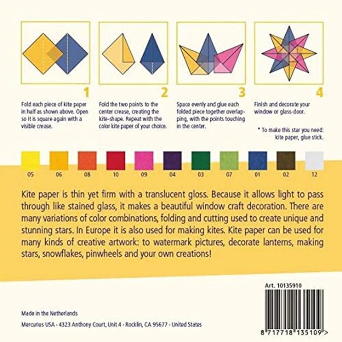 Mercurius AMS Kite Paper, 100 Sheets, 11 Colors, 6.25 Inch Square
