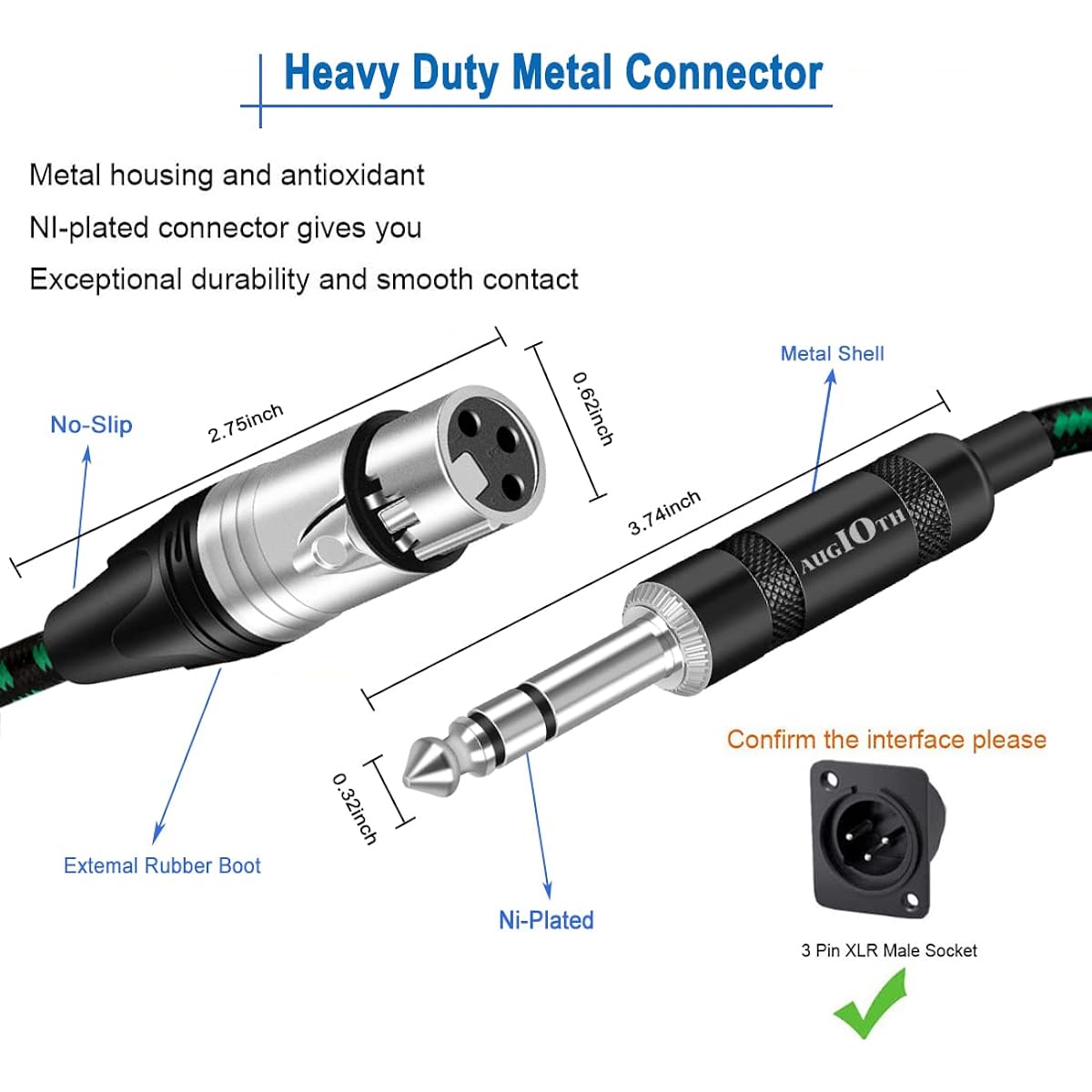 Augioth XLR Female to 1/4 Cable 20ft 2Pack, Balance 6.35mm TRS Plug to 3-pin XLR Female, Quarter inch TRS Female to XLR Female Mic Cable for Microphone,Mixer,Amplifier