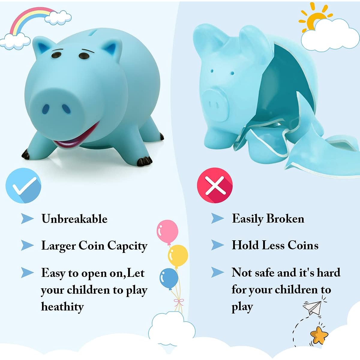 PHOCAS Ham Piggy Bank - Unbreakable, Cute Blue Pig, Plastic Piggy Bank, for Kids, Christmas, Birthday, Gift