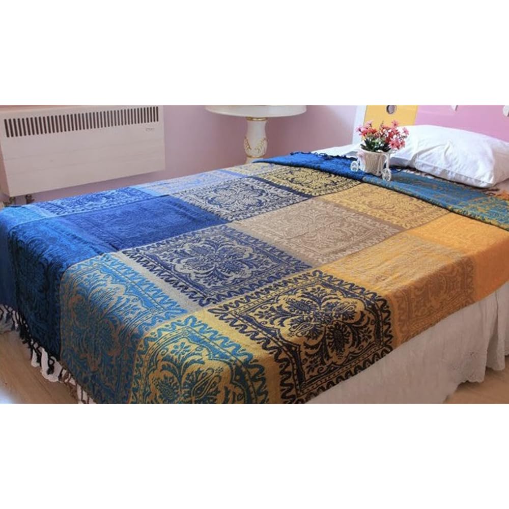 Multi-Cover Asian Style Sofa Cover Stylish Multifunctional Bedspread with Fringe Bedspread Rug Blanket Couch (220cm*260cm, Asian Blue Large)