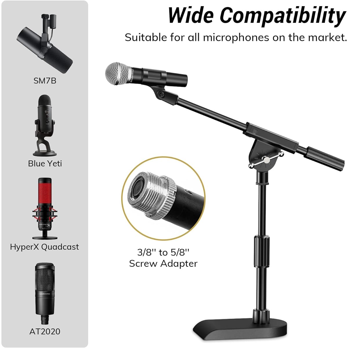 TONOR Adjustable Desktop Microphone Stand for Blue Yeti, Weight Base with Twist Clutch, Boom Arm with 3/8" and 5/8" Adapters for Blue Snowball and All Microphones, Perfect for Recording/Podcasting/Guitar