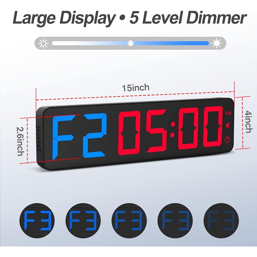 Gym Timer 15 Inch Large LED Display Wall Clock | Interval Training | Countdown & Up | Stopwatch | Adjustable Buzzer Volume | Upgraded Remote Control | Digital Timer for Fitness Home Garage Gym Outdoor Sports