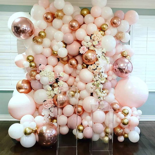 144 Pieces Macaron Orange Gold Metallic Balloon Garland Arch Kit Backdrop Pink Metallic White Balloon Set Perfect for Wedding Birthday Balloon Graduation Party Baby Shower Decoration