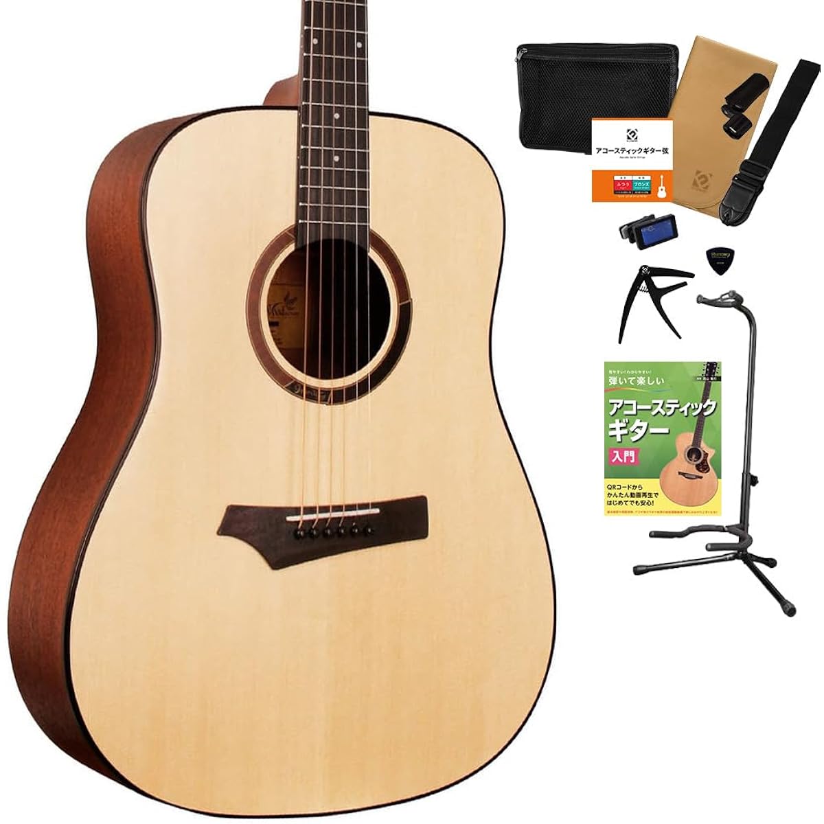 Gopher Wood Guitars i100 Acoustic Guitar 12-piece Select Set with Textbook Beginner Set Dreadnought Gopher Wood Guitars
