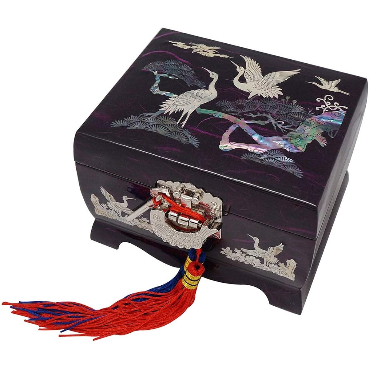 Mother of Pearl Peacock Design Music Wooden Bird Girl Jewelry Mirror Case Trinket Keepsake Treasure Gift Musical Asian Lacquer Box Case Chest Organizer