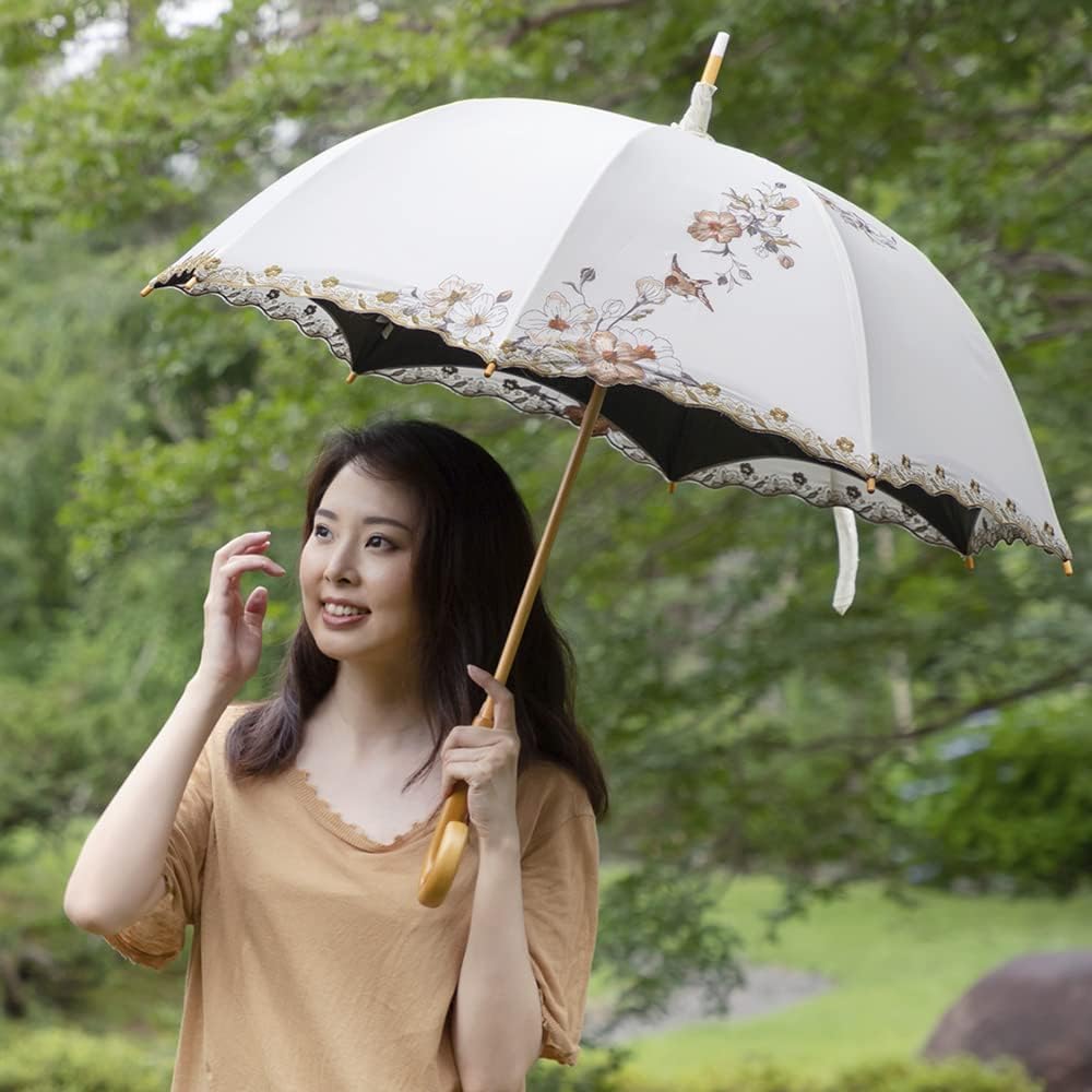 [Chinoiserie Modern] Parasol, Completely Blackout, Long Parasol, Short Folding, For Sunny or Rainy Days, Heat Dissipation, Women's, UV Protection, Covered, Fuyo, Hosoka Embroidery