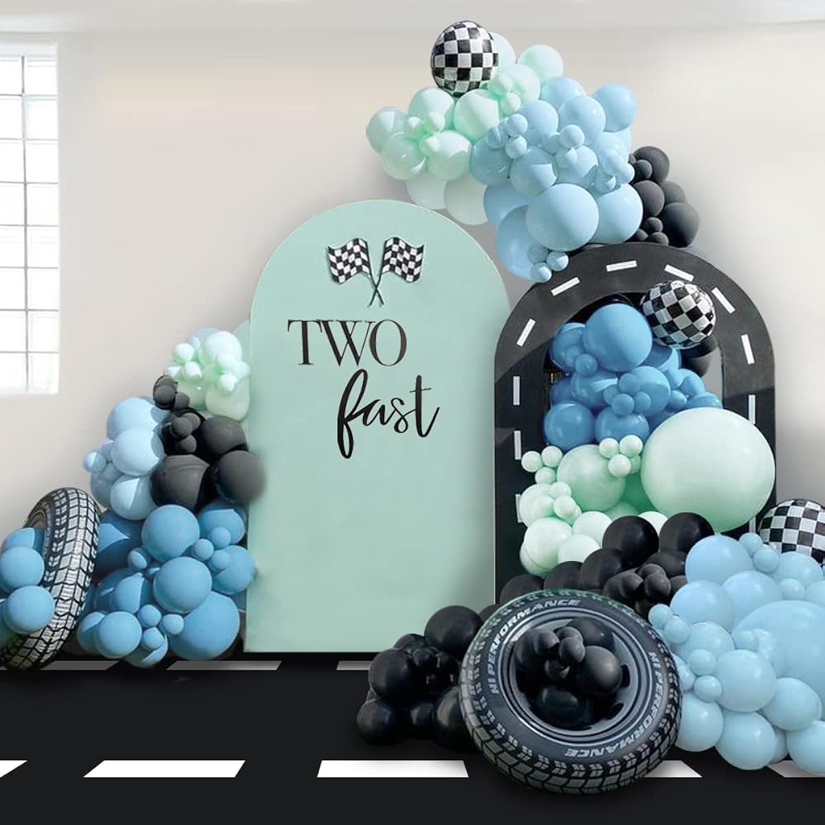 Teddyparty Race Car Blue Balloon Arch Kit Pastel Dusty Blue Green Balloon Garland Kit for 2 Early Birthday Baby Shower Party Decorations