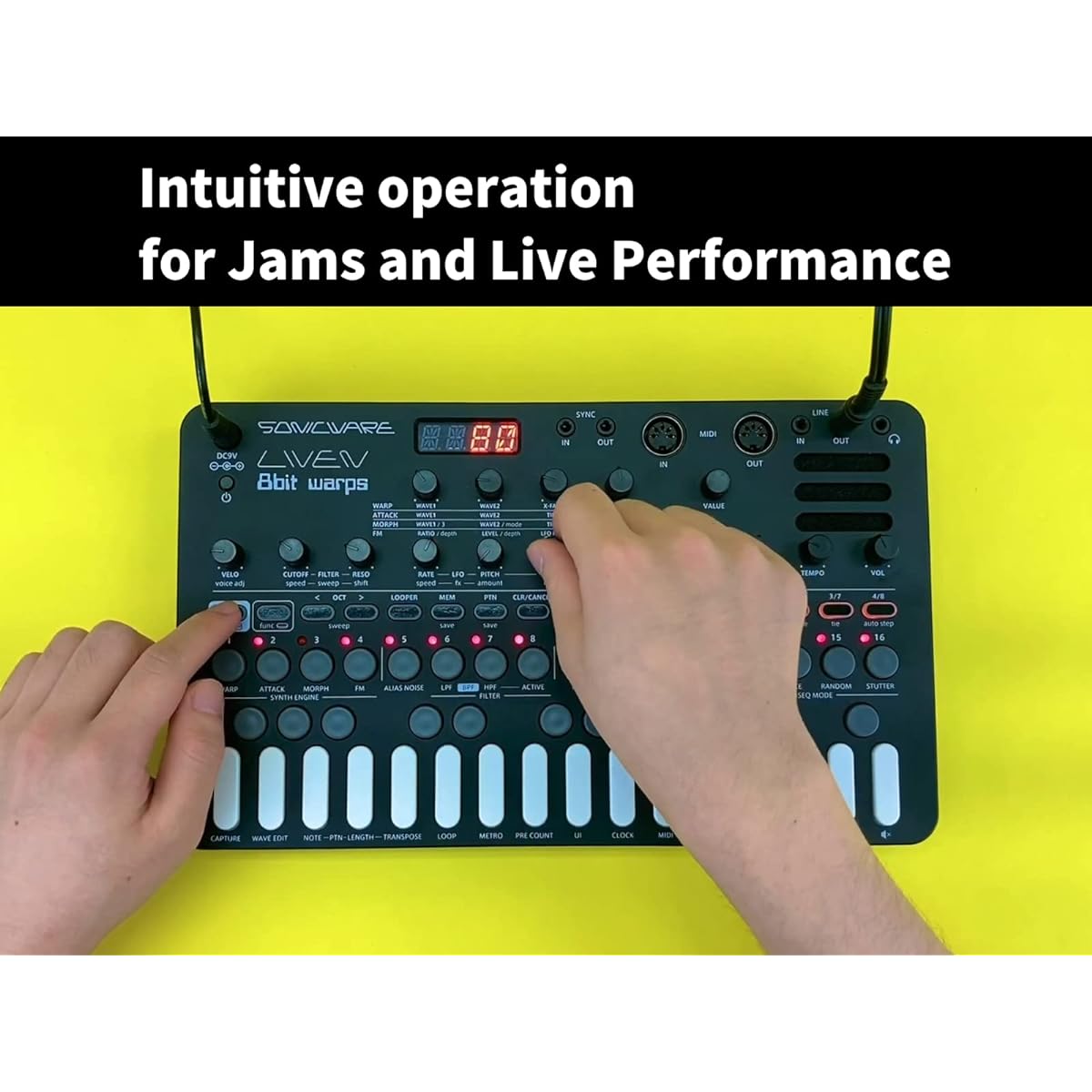 SONICWARE LIVEN 8bit warps [8bit synthesizer groove box] Step sequencer + 4 track looper, 6 voices, 11 effects, battery powered, built-in speaker