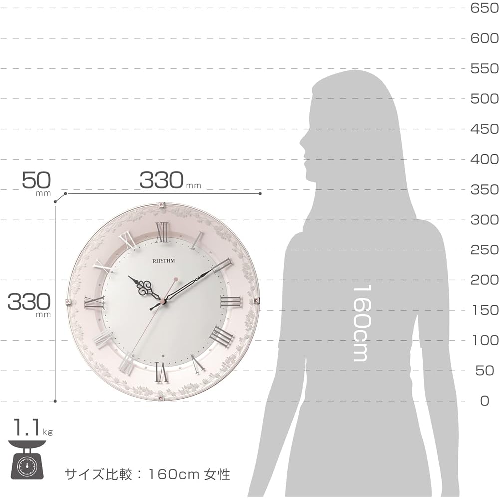 RHYTHM Wall Clock Radio Clock Analog Continuous Second Hand Interior Crystal Western Style Clock Pink Φ33x4.9cm 8MY538SR13