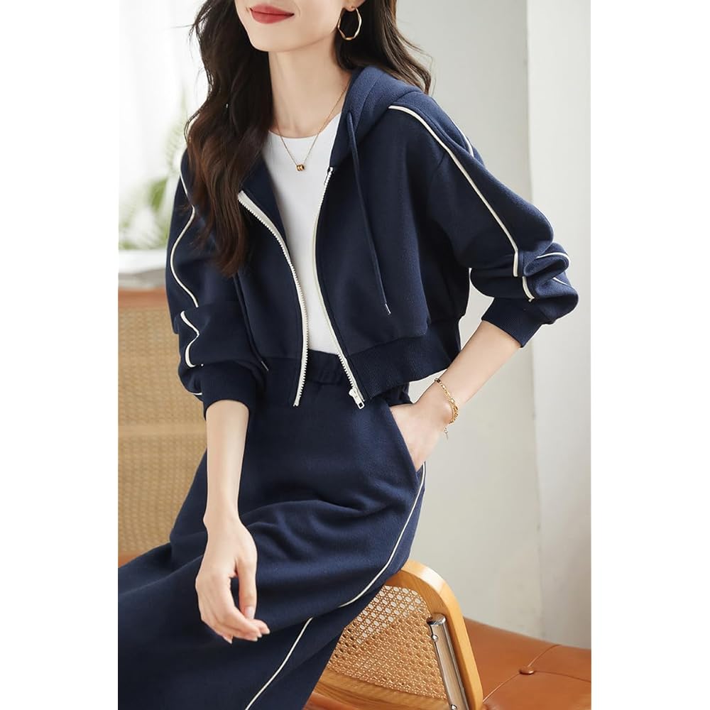 [Sayla] Parka, Long Skirt, Top and Bottom 2 Piece Set, Women's Setup, Autumn, Winter, Spring, Medium Length, Slit Skirt, Elastic Waist Sweatshirt, Beautiful, Stylish, Adults, Casual