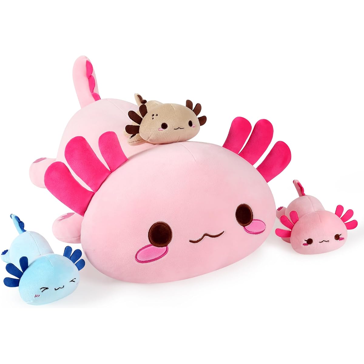 Onsoyours Axolotl Plush Toy Mummy 19.7" with 3 Baby Axolotl Stuffed Animals, Cute Axolotl Plush Toys 4 Pieces for Kids Girls Boys (Pink Axolotl Family)