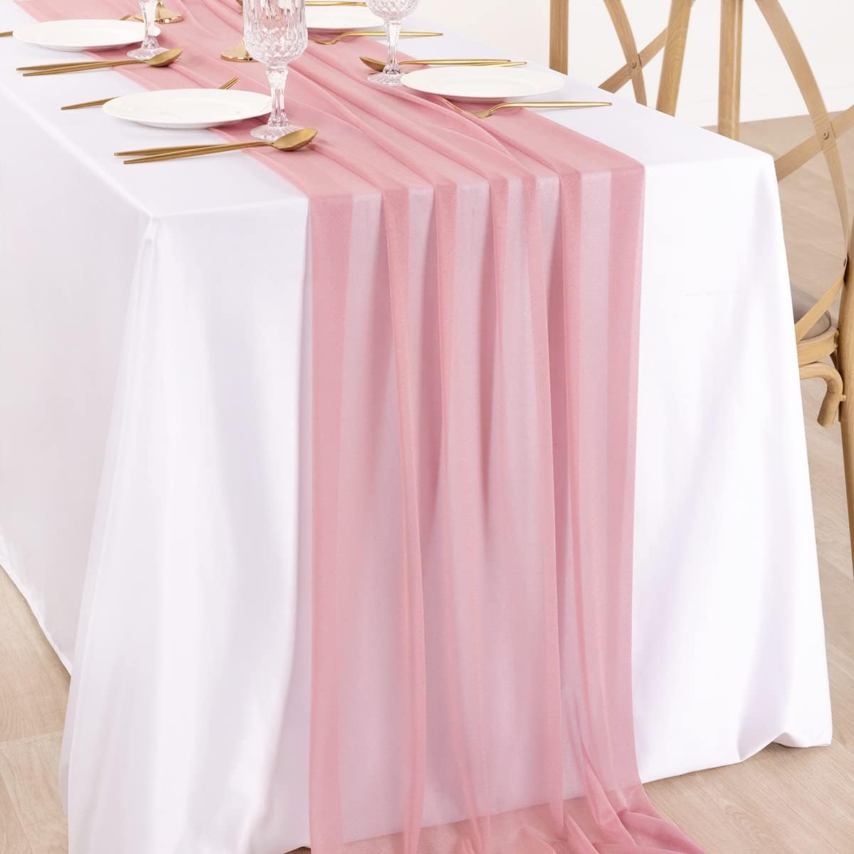 DeZerlor Dusty Rose Chiffon Table Runner 10ft Boho Romantic Wedding Table Runner 29" x 120" Sheer Chiffon Look Table Decoration for Wedding/Bridal/Baby Shower/Party Backdrop 1 Piece