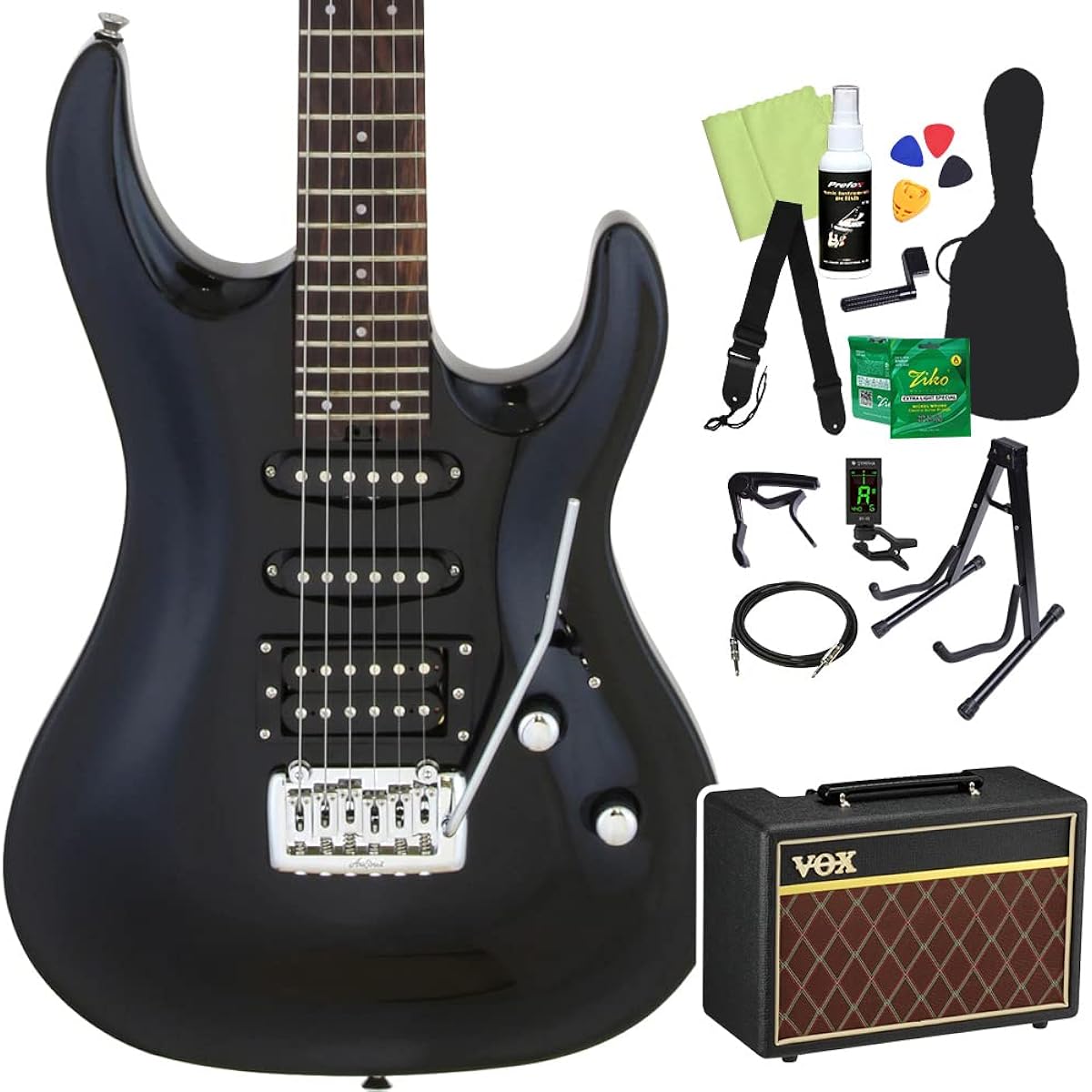 AriaProII MAC-STD Electric Guitar Beginner 14-piece Set [With VOX Amplifier] MBK-Metallic Black- 24 Frets SSH Pickup AriaPro II