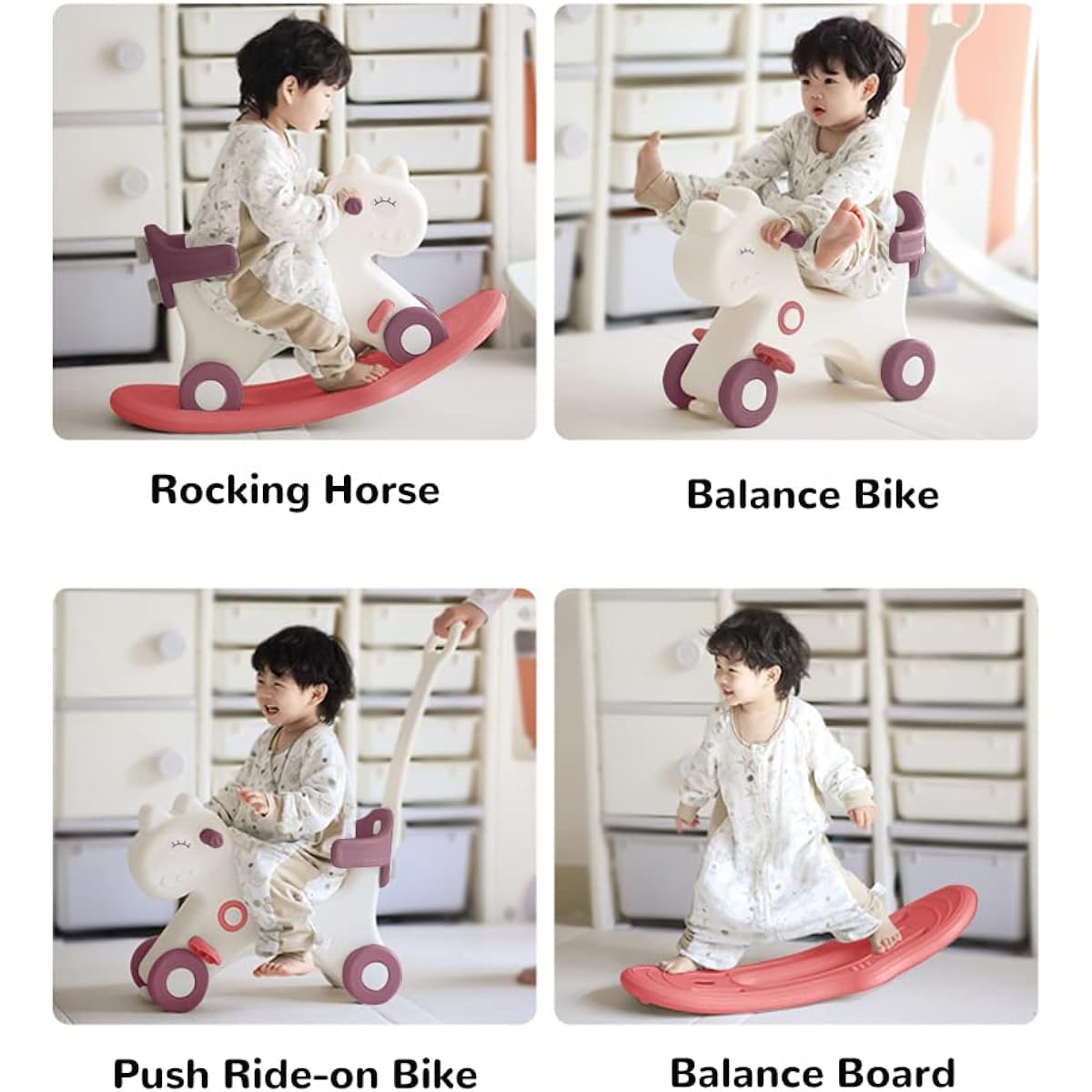 4-in-1 Rocking Horse for Toddlers 1-3 Years Old Balance Bike Ride-on Toy Push Handle Backrest Balance Board for Baby Girls Boys Unicorn Kids Horse Riding Birthday (Red)