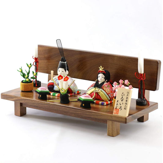 Compact Hina Doll, Hinairo, Pure Silk, Silver and Red, Woodgrain, Prince and Princess Decoration, Made of Black Walnut, Bench-type Display Stand, Hina Doll, Azumatama, HNTG-HI-B-W08