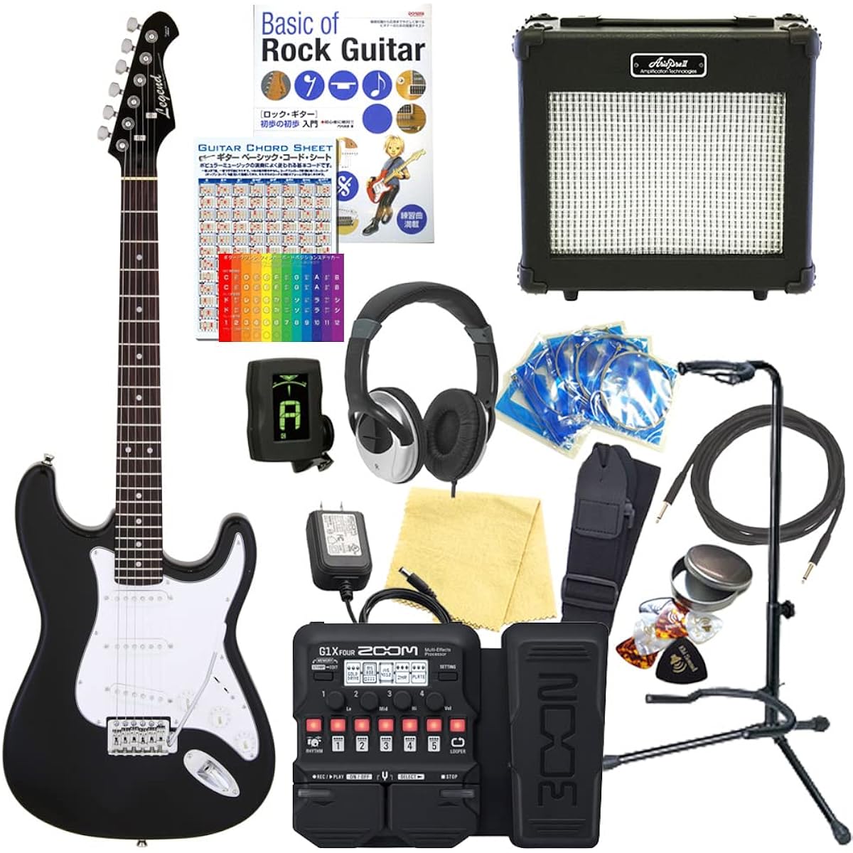 Electric Guitar Beginner Set Stratocaster Type 18-piece Set Legend LST-Z BKBK [ZOOM G1XFour Multi-effector Included]