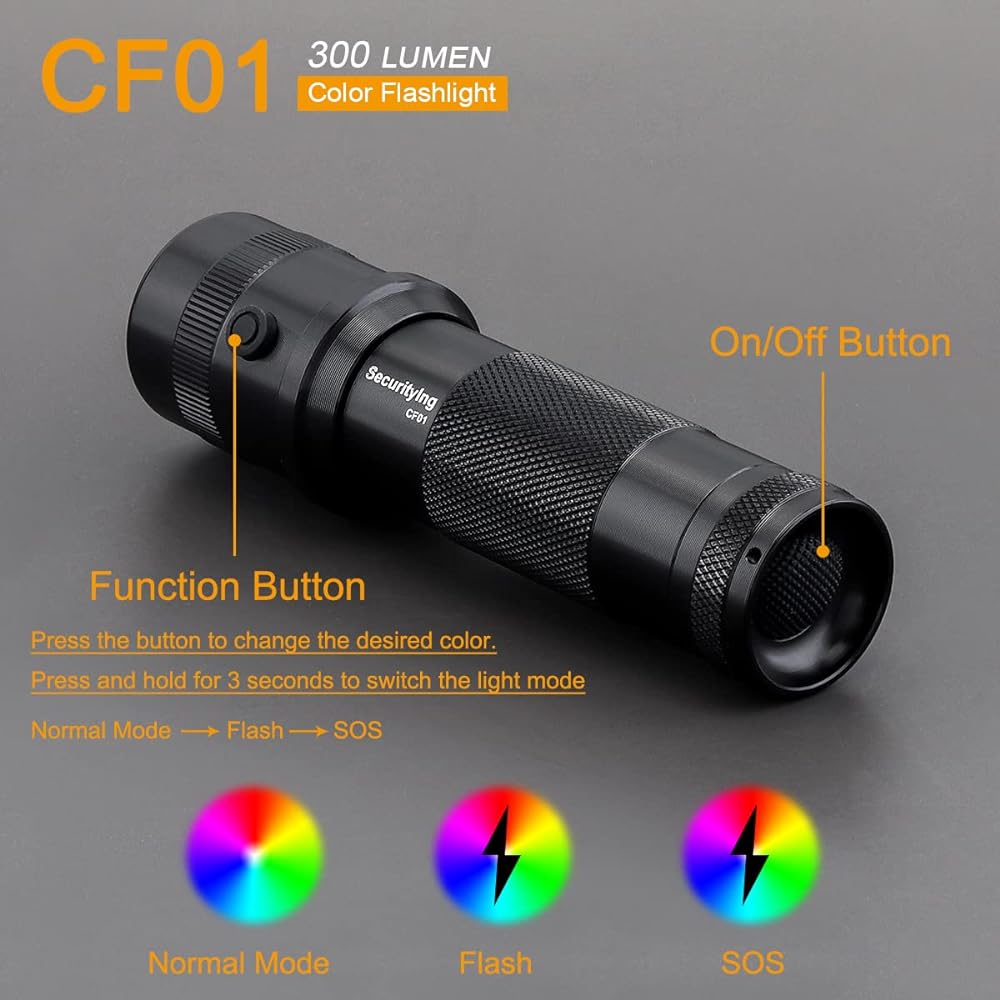 SecurityIng CF01 10 Colors Flashlight Battery Operated 300 Lumens Flashlight LED Flashlight IPX4 Waterproof with Handheld Disaster Prevention Outdoor Camping Climbing Night Fishing Walking AAA Batteries (Batteries Sold Separately) (Silver)