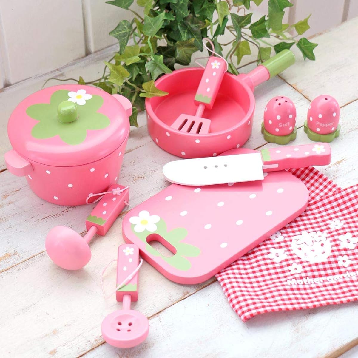 Mother Garden Pretend Play Wooden Kitchen Tools + Food Ingredients [Toy Cooking Utensils 10 Pieces Strawberry Pattern & Pretend Play Food 10 Piece Set] Girls 3 Years Old Pretend Kitchen