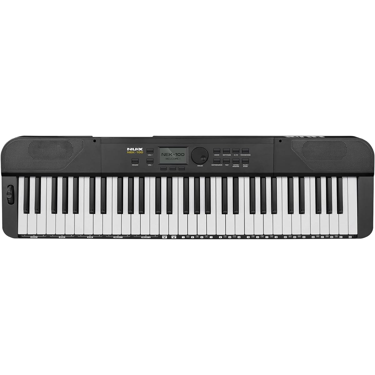 NUX Rechargeable 61-key portable keyboard Lightweight 500 sounds Up to 10 hours of continuous use Reverb effect Dual/split layer function Bluetooth compatible NEK-100