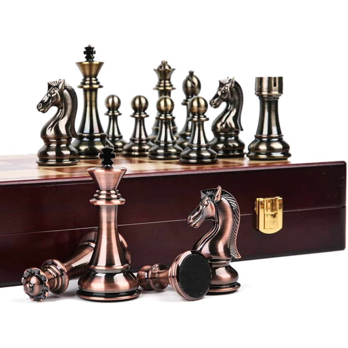 HPYWTJY International Wooden Chess Board, Travel Storage Pieces Metal Chess Set, Foldable Educational Chess Set for Kids Adults 30x30x2.8cm (XL)