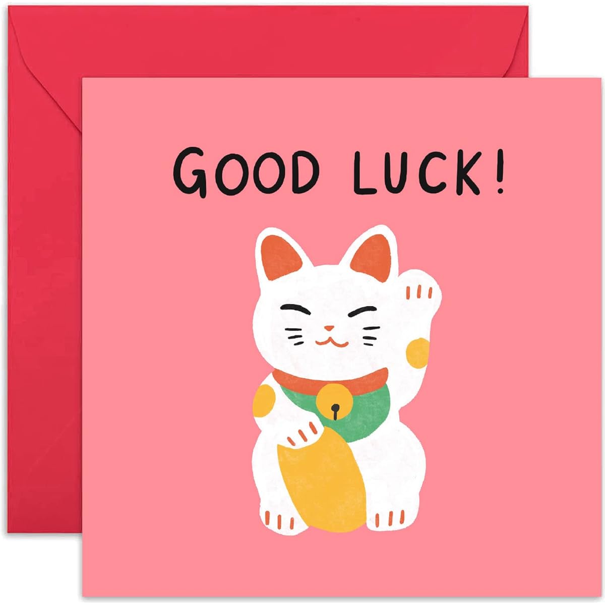 Old English Co. Good Luck Cat Card for Himor Her - Fun Lucky Cat Ornament Greeting Card - Waving Cat Good Luck Card for Men and Women - Jobs, Exams, College | Blank with Envelope