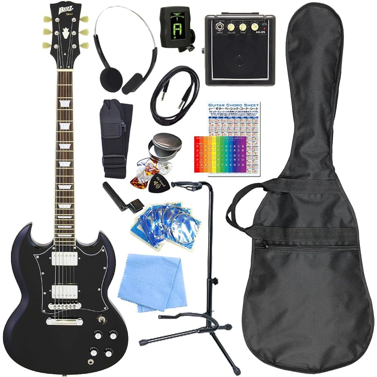 Electric guitar beginner set SG type with mini amp 15-piece set Blitz BSG-STD BK [98765]