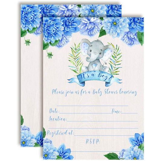 AmandaCreation Watercolor Dahlia Floral Elephant Themed Sprinkle Shower Invitation for Boys 5"x7" Includes 20 Cards of 20 and 20 White Envelopes