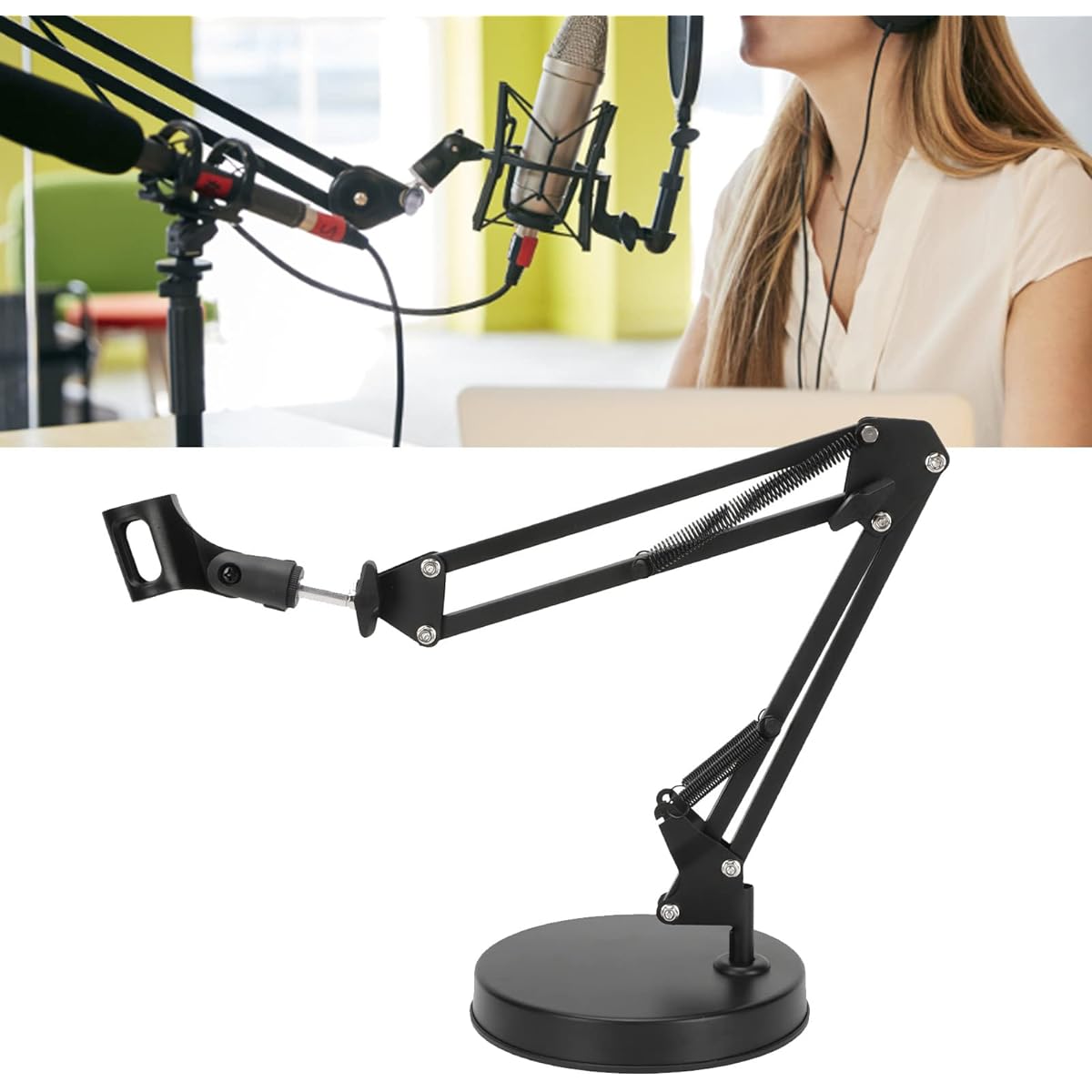 Diyeeni Desktop Microphone Stand Adjustable Microphone Tripod Stand with Boom Arm Shock Mount Microphone Arm Stand 1/4 Screw Hole Live Streaming Game Recording