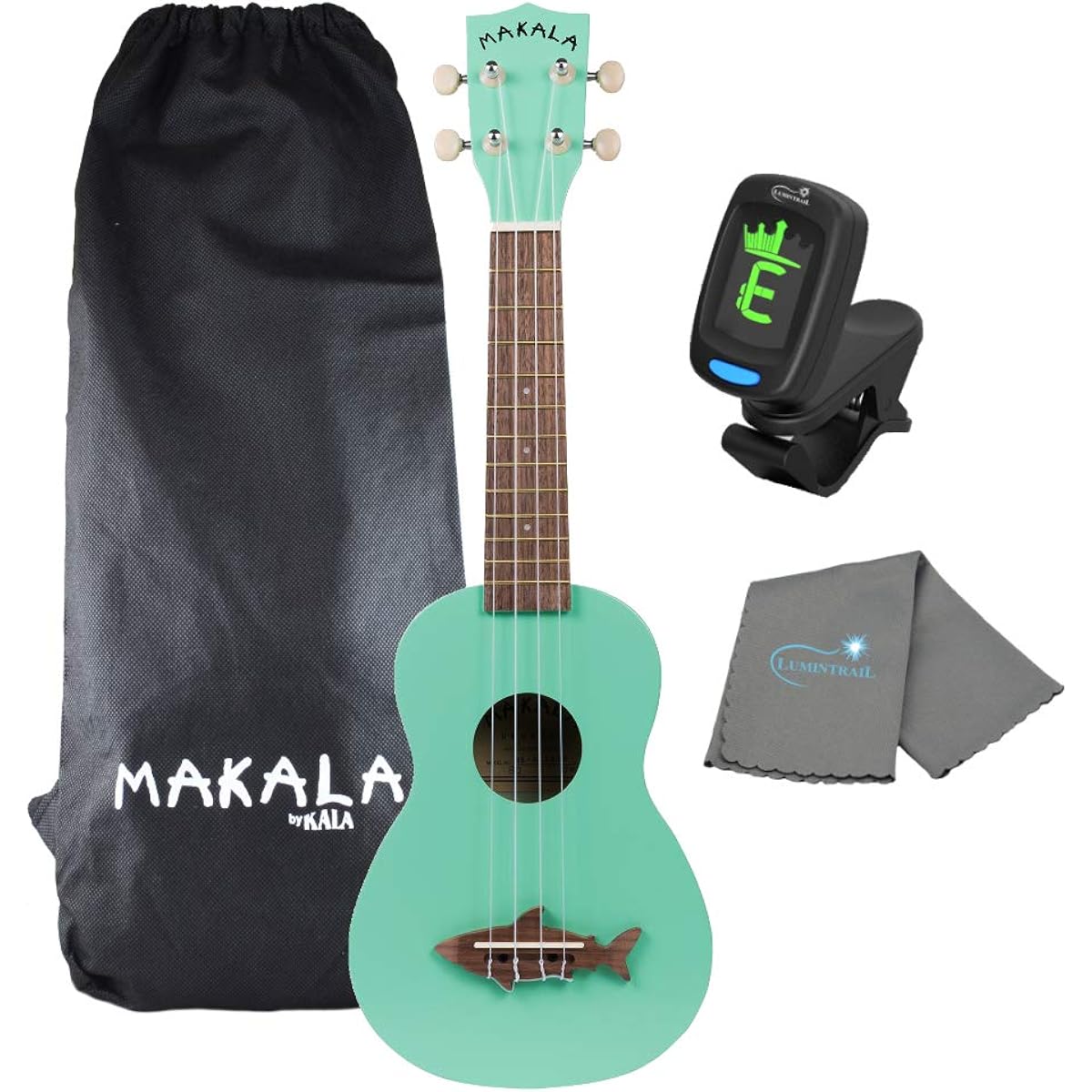 Kala Surf Green Soprano Shark Ukulele - MK-SS/GRN with Tuner and Lumin Trail Polishing Cloth