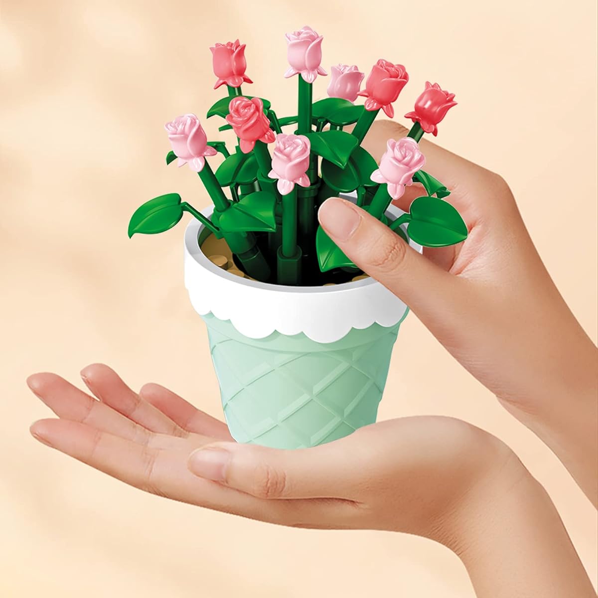 MEIEST Mini Flower Succulent Bonsai Building Block Set Simulation Pot Plant Artificial Particle Flower Botanical Collection Construction Block Toy Cute Home Decoration (Rose)