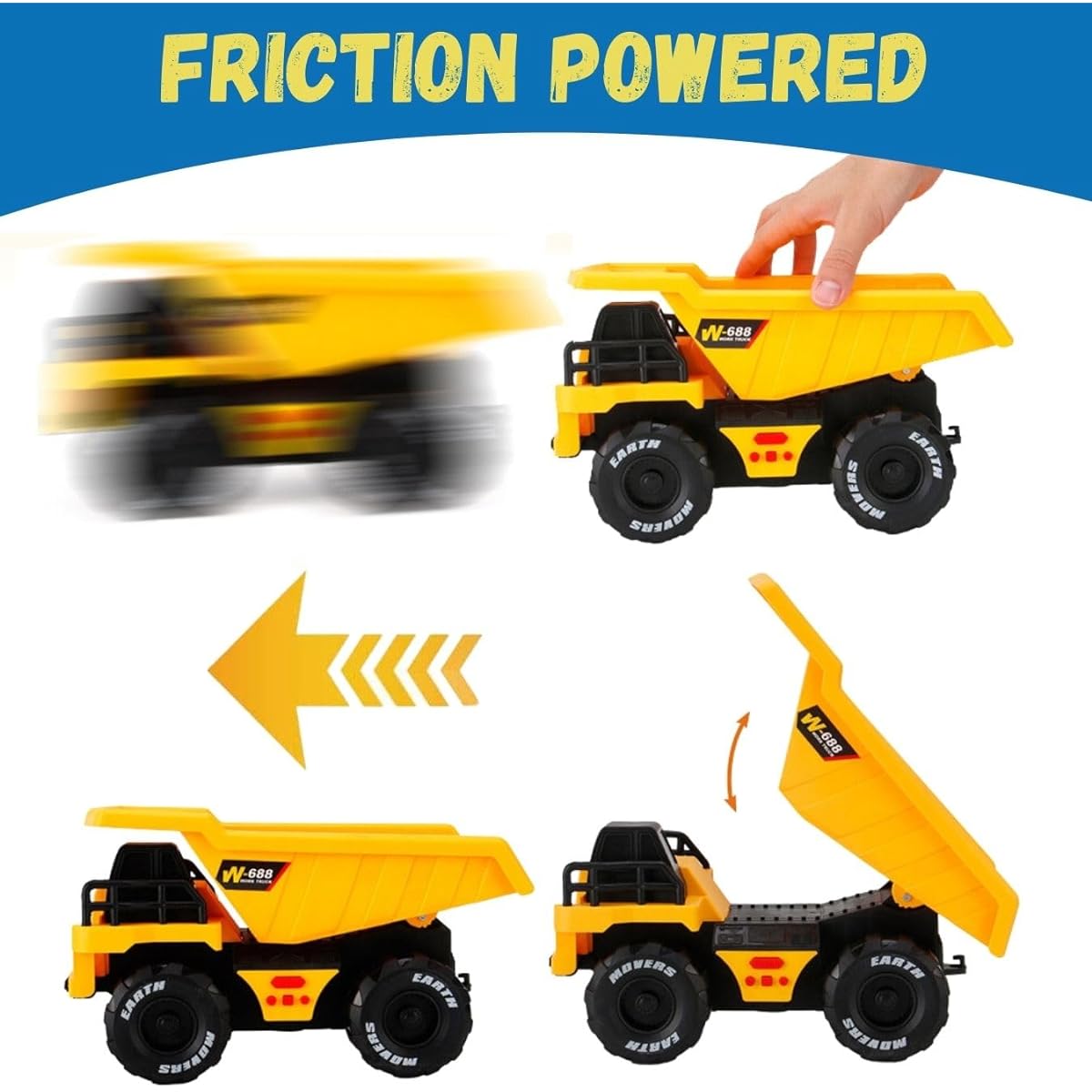 Big Construction Dump Truck Friction Powered Toy - 10" Yellow Truck with Realistic Lights & Sounds, Lifting Bed, 4 Button Vehicle for Kids