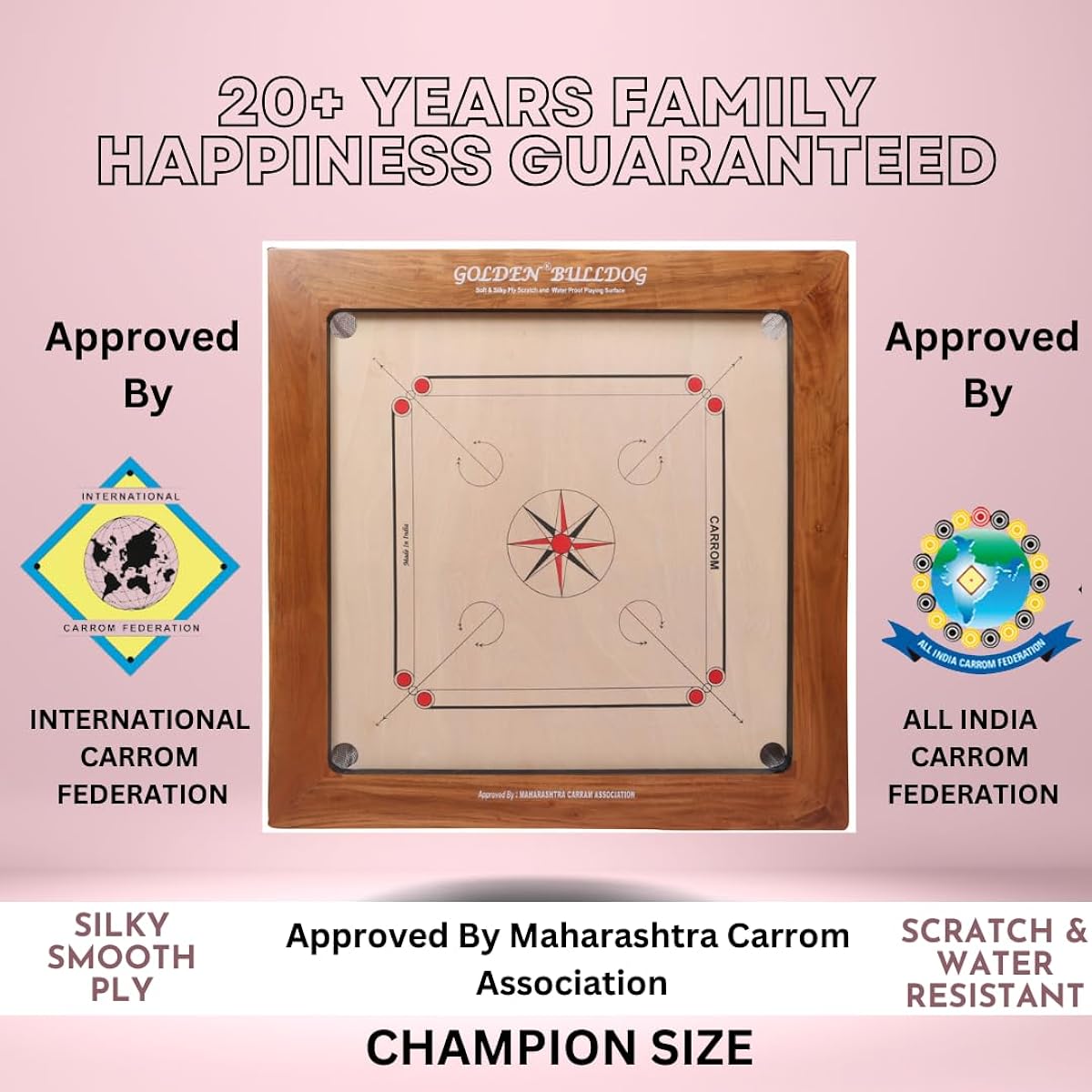 KD Golden Carrom Board Antique Indoor Board Game Approved by Indian Carom Federation & Maharashtra Carom Association (16mm, Champion)