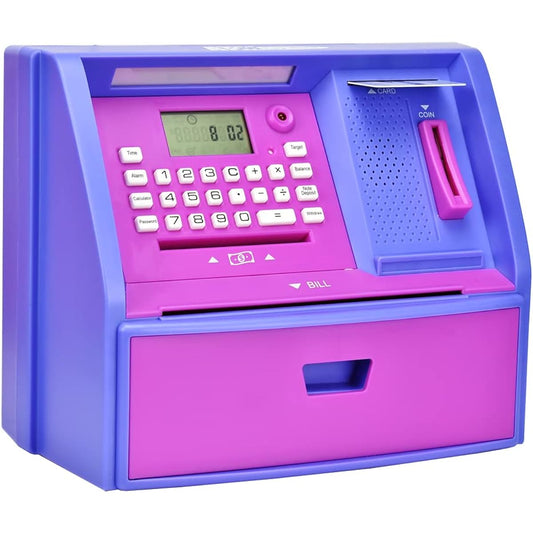 ATM Toy Piggy Bank for Kids Plastic Large Piggy Bank Real US Coins Personalized Coin Bank Set Target Cool Gifts for Boys/Girls (Purple)